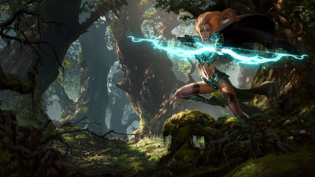 Woman forest sword glowing magic free wallpaper for desktop - medium preview image