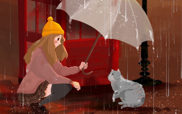 Woman kneeling cat umbrella rain free wallpaper for desktop - medium preview image
