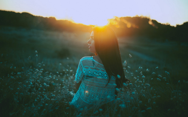 Woman field sunset hair flare free wallpaper for desktop - medium preview image