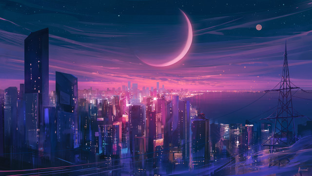 Cityscape moon pink sky aurora free wallpaper for desktop - medium preview image