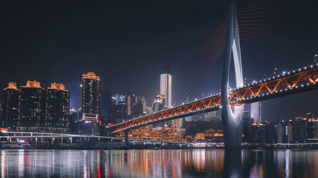 Night city bridge lights reflection free wallpaper for desktop - medium preview image