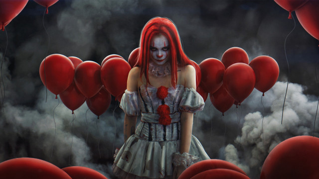 Red haired woman balloons gothic free wallpaper for desktop - medium preview image