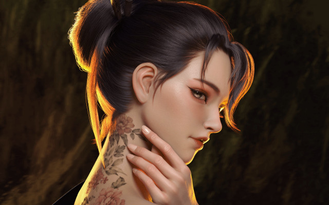 Woman tattoo neck portrait tree free wallpaper for desktop - medium preview image