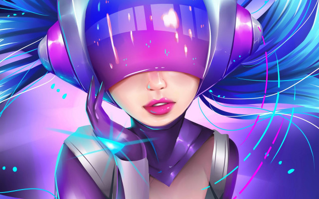 Blue haired cyberpunk woman futuristic free wallpaper for desktop - medium preview image