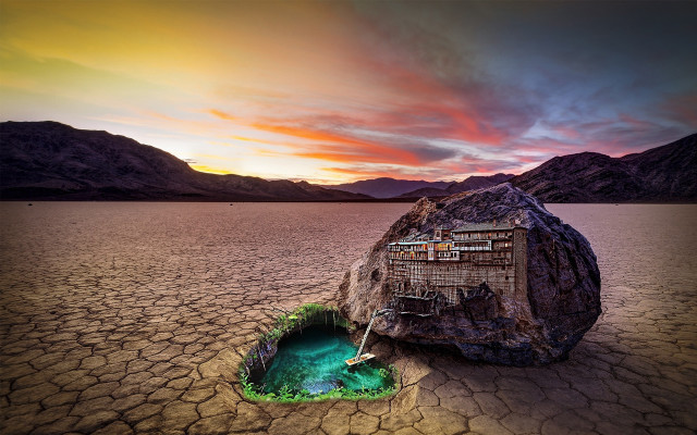 Desert rock house water matte free wallpaper for desktop - medium preview image