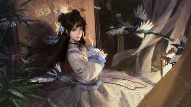 Woman white dress bird chun free wallpaper for desktop - medium preview image