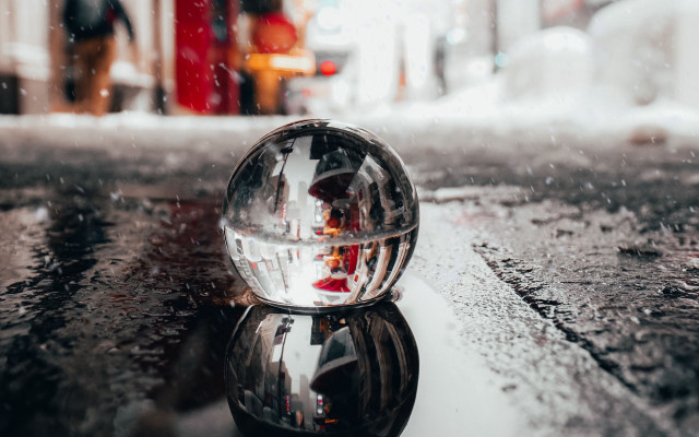 Shiny glass ball rainy city free wallpaper for desktop - medium preview image