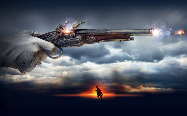 Person holding gun sky clouds free wallpaper for desktop - medium preview image