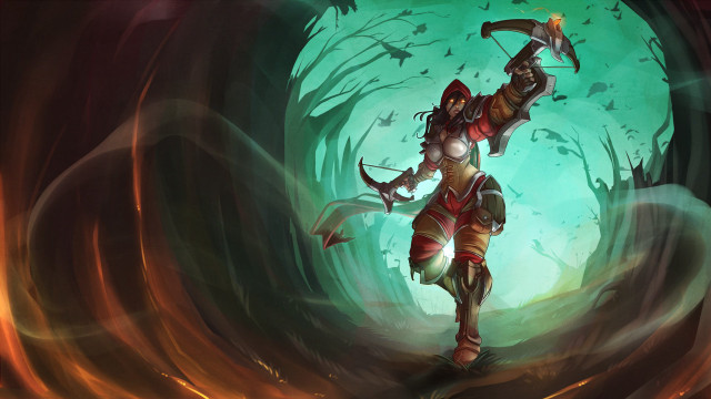 Woman sword cave green light free wallpaper for desktop - medium preview image