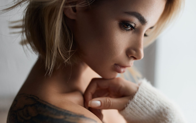 Woman tattoo arm sleeve serious free wallpaper for desktop - medium preview image