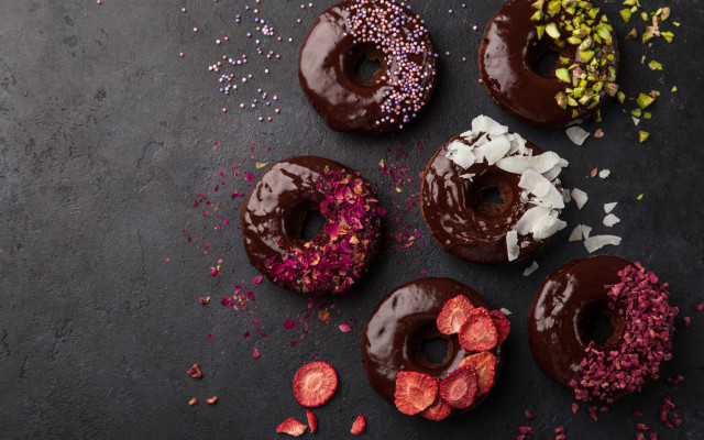 Donuts chocolate frosting sprinkles table free wallpaper for desktop - medium preview image