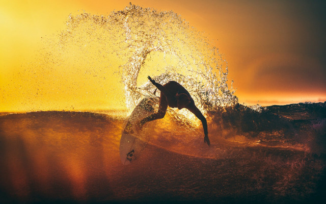 Surfer wave ocean sunset photorealistic free wallpaper for desktop - medium preview image