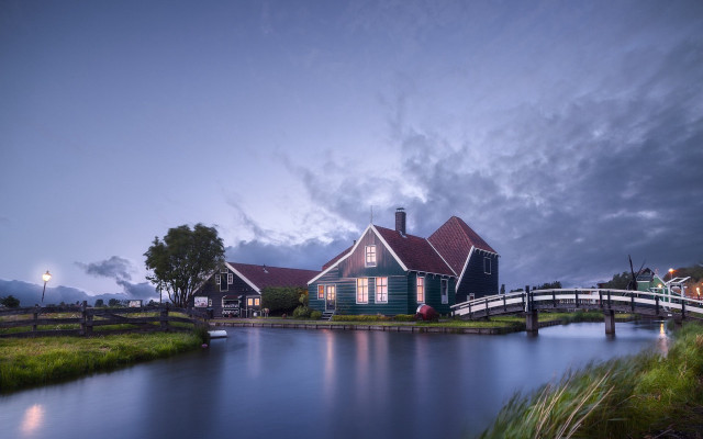 House water dusk bridge nature free wallpaper for desktop - medium preview image