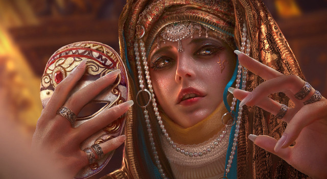 Woman costume mask pointing fantasy free wallpaper for desktop - medium preview image