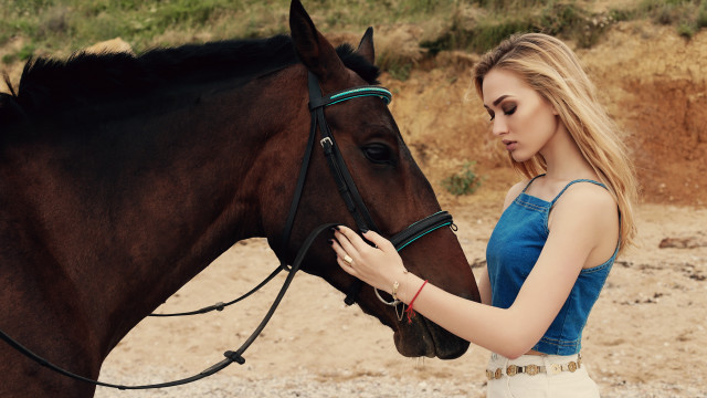 Woman petting horse blue shirt free wallpaper for desktop - medium preview image