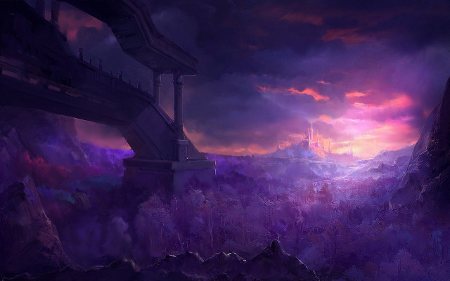 Fantasy cityscape bridge purple sky free wallpaper for desktop - medium preview image