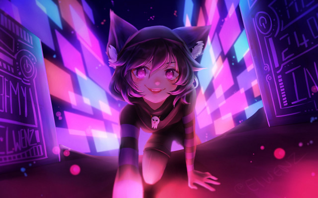 Neon cat girl furry portrait free wallpaper for desktop - medium preview image