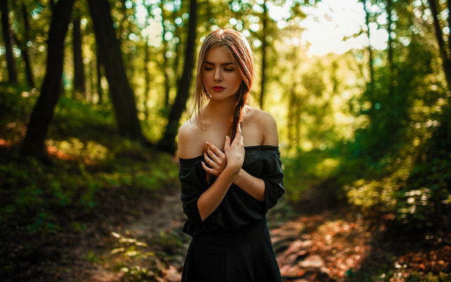 Woman black dress praying forest free wallpaper for desktop - medium preview image