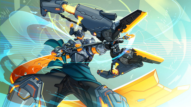 Futuristic robot gun mecha glowing free wallpaper for desktop - medium preview image