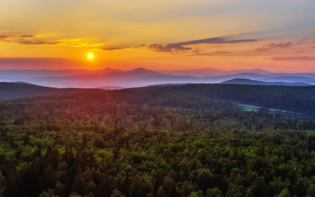 Sunset forest mountains river cityscape free wallpaper for desktop - medium preview image