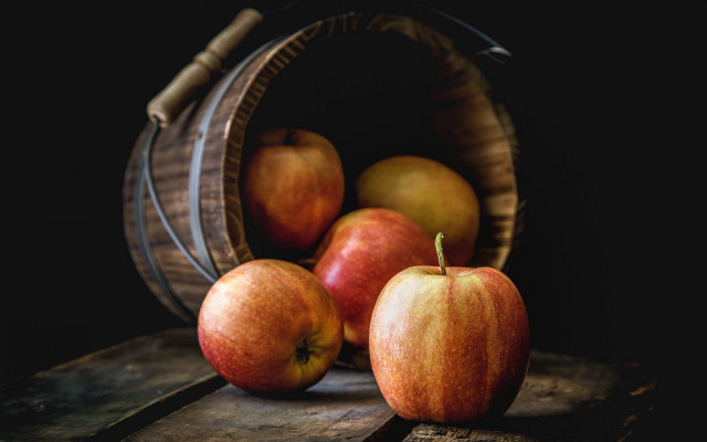 Basket apples wooden table black free wallpaper for desktop - medium preview image