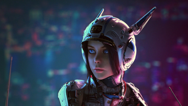 Woman armor helmet horns cyberpunk free wallpaper for desktop - medium preview image