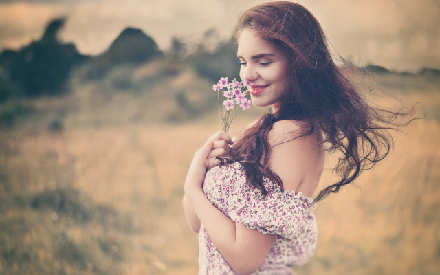 Woman flower field sunset portrait #2 free wallpaper for desktop - medium preview image
