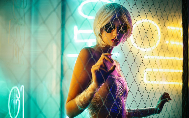 Cyberpunk fence neon holography blonde free wallpaper for desktop - medium preview image