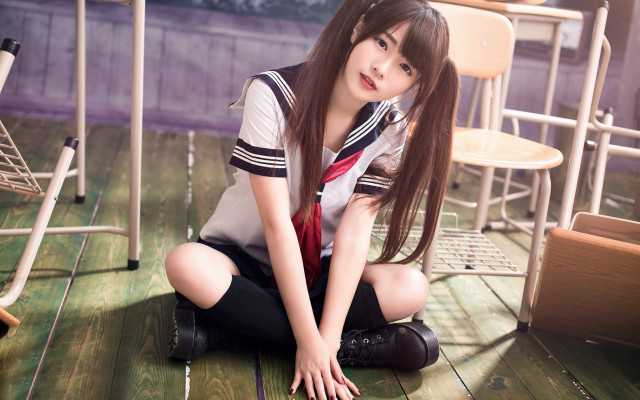 Girl sitting cosplay serafuku longhair free wallpaper for desktop - medium preview image
