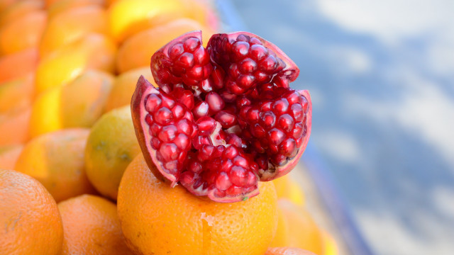 Pomegranate orange lemon blue bowl free wallpaper for desktop - medium preview image