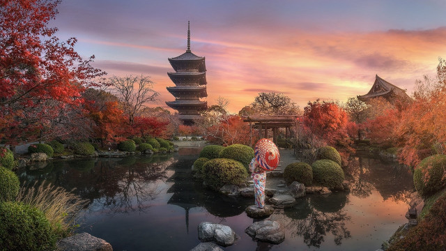Rock pond pagoda sunset autumn free wallpaper for desktop - medium preview image