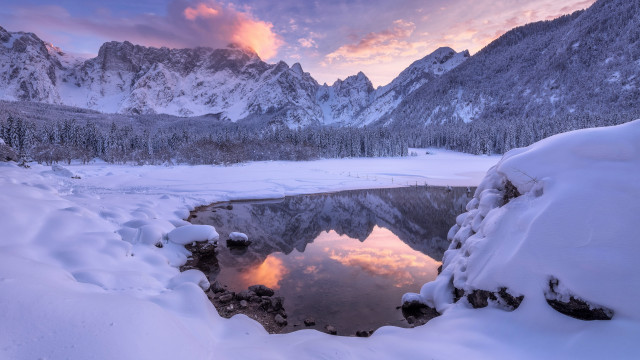 Lake snow mountains sunset clouds free wallpaper for desktop - medium preview image