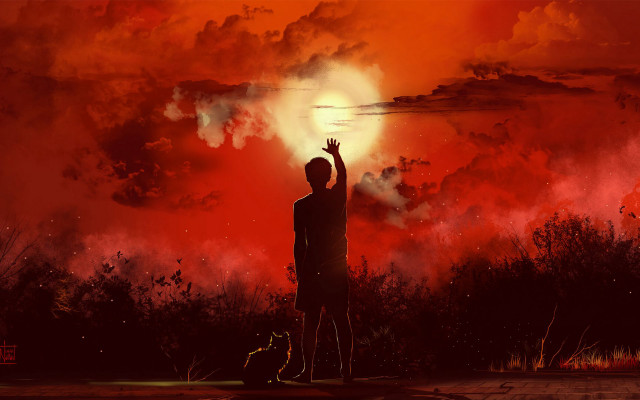 Man red sky dog cat free wallpaper for desktop - medium preview image