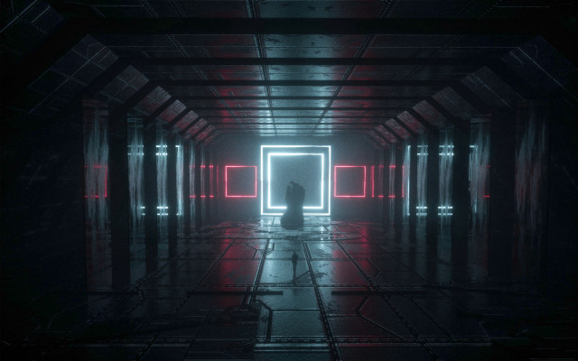Man hallway neon doorway cyberpunk free wallpaper for desktop - medium preview image