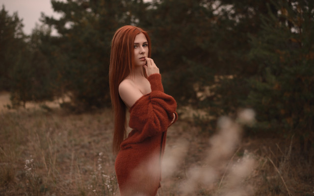 Red haired woman field trees free wallpaper for desktop - medium preview image
