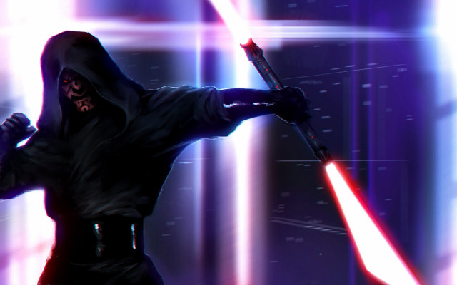 Dark suit glowing lightsaber hooded free wallpaper for desktop - medium preview image