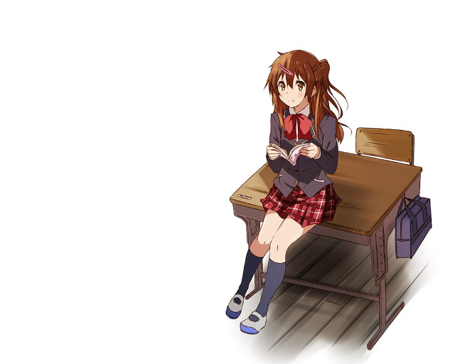 Girl sitting desk book suitcase free wallpaper for desktop - medium preview image