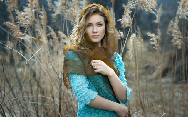 Woman blue dress field flower free wallpaper for desktop - medium preview image