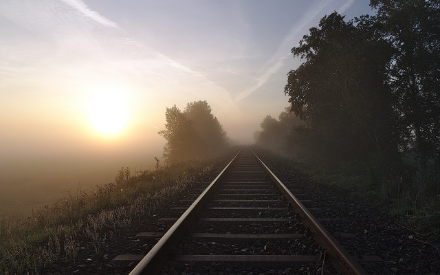 Train track sunset fog trees free wallpaper for desktop - medium preview image