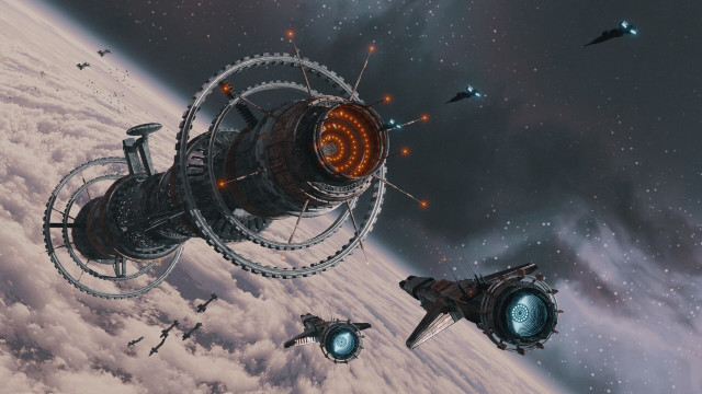 Space station lights ships aurora free wallpaper for desktop - medium preview image