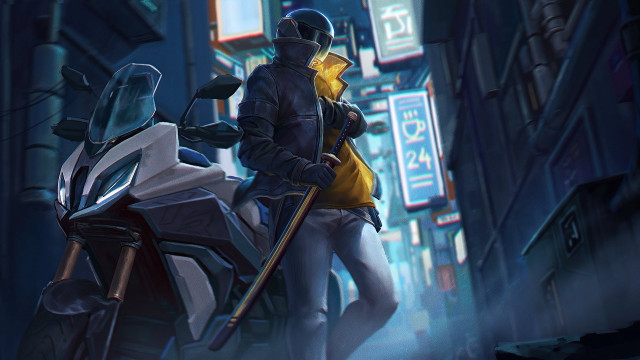 Man motorcycle city night neon free wallpaper for desktop - medium preview image