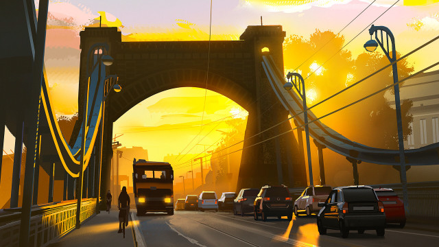 Bus cars bridge sunset cinematic free wallpaper for desktop - medium preview image