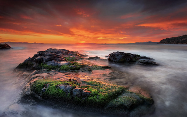 Sunset rocky beach moss flowing free wallpaper for desktop - medium preview image