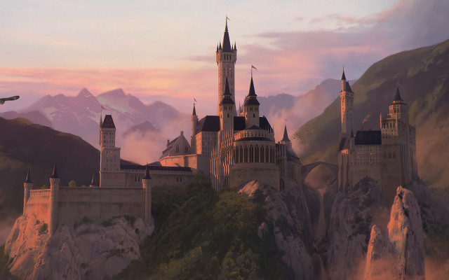 Castle mountain plane sunset cityscape free wallpaper for desktop - medium preview image