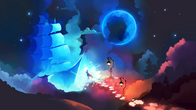 Skyship blue moon fantasy illustration free wallpaper for desktop - medium preview image