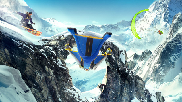Snowboarder flying mountain parachute beach free wallpaper for desktop - medium preview image