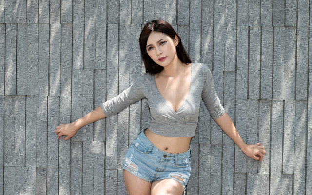 Woman skateboard pose brickwall denim free wallpaper for desktop - medium preview image