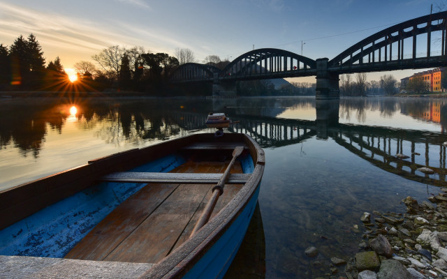 Boat bridge river sunset cityscape free wallpaper for desktop - medium preview image