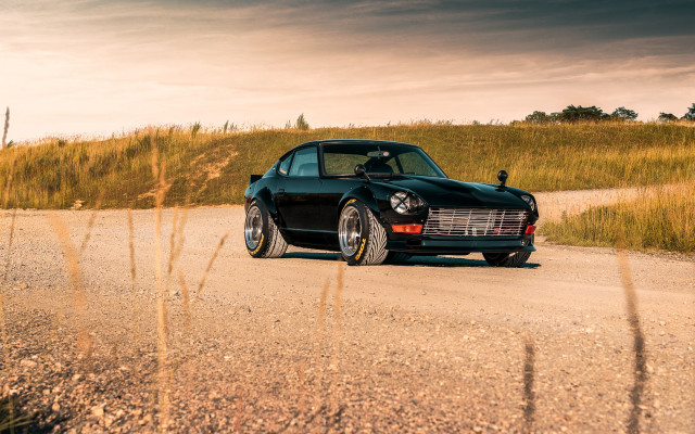 Black car dirt road field #2 free wallpaper for desktop - medium preview image
