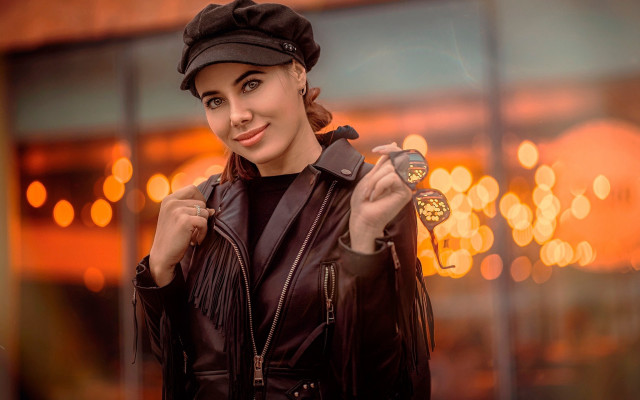 Woman leather jacket hat clock free wallpaper for desktop - medium preview image